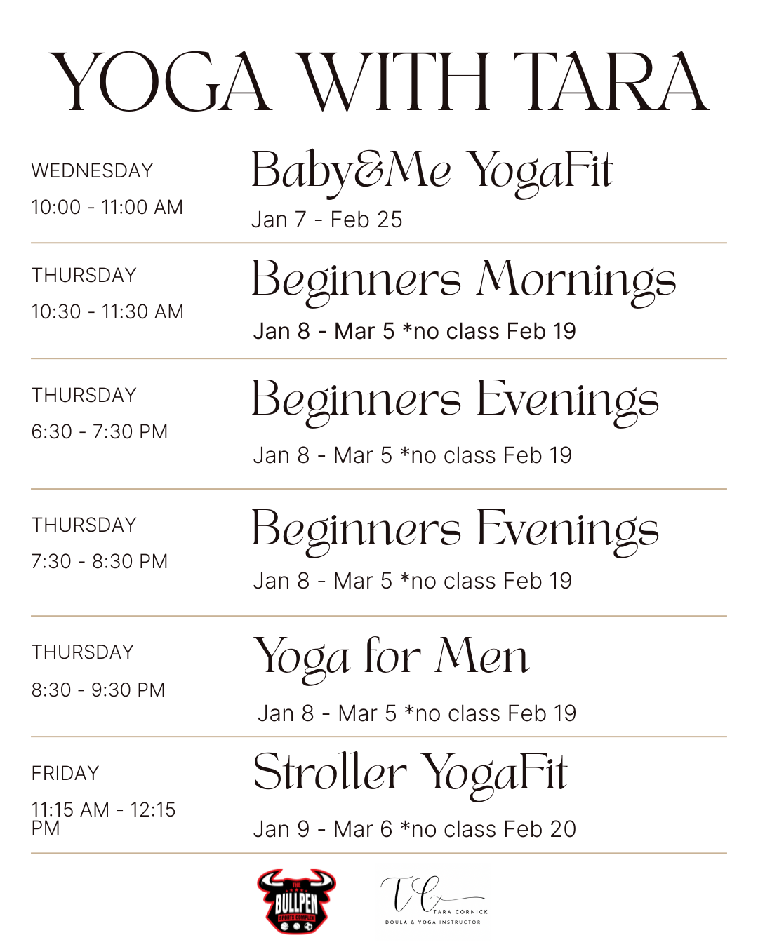Yoga Schedule Jan - Mar 2026